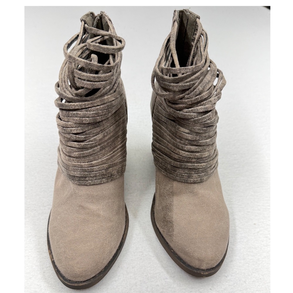 Fergalicious by Fergie Wicket Block Heel Ankle Bootie Women 7 Taupe Fringe Boho‎